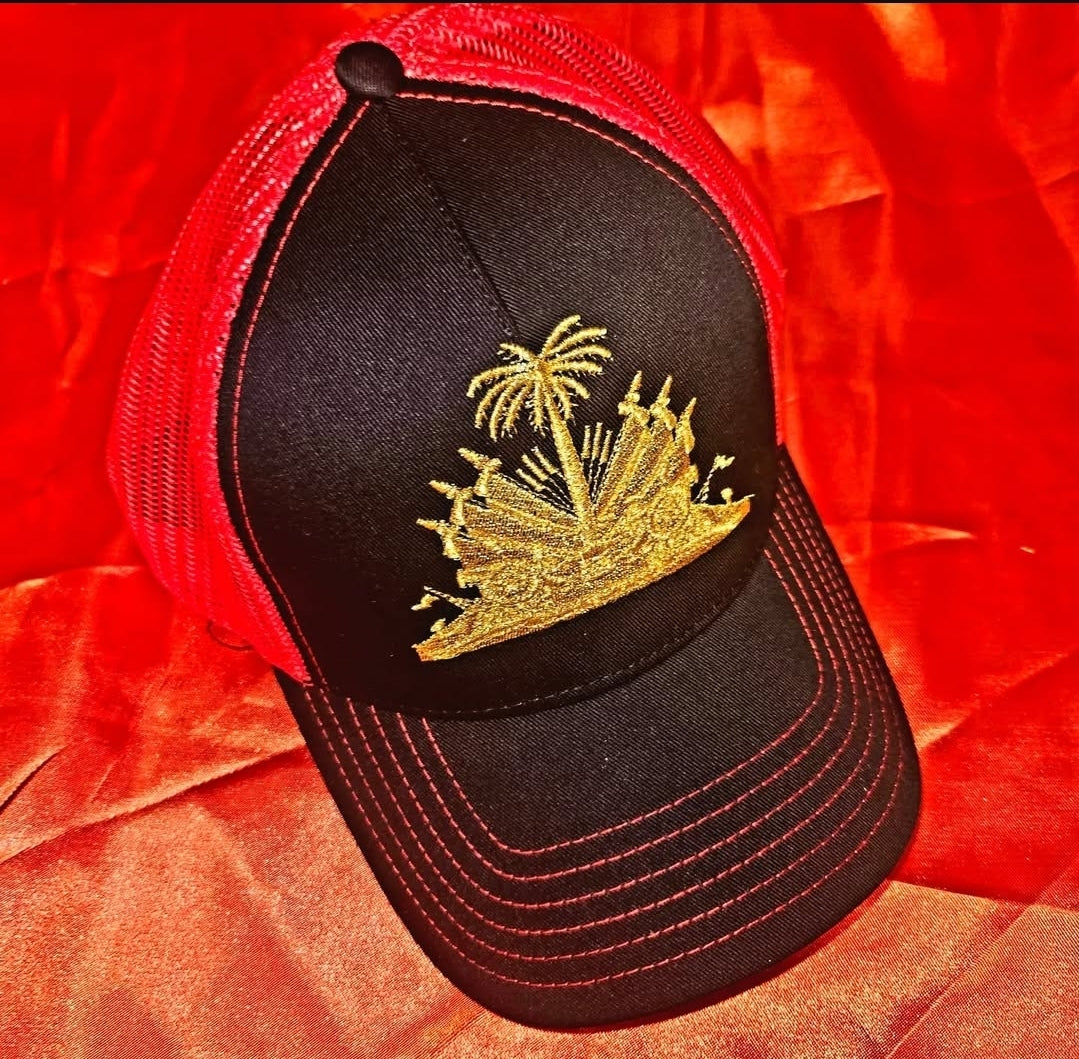 Gold coat of arms trucker hat
